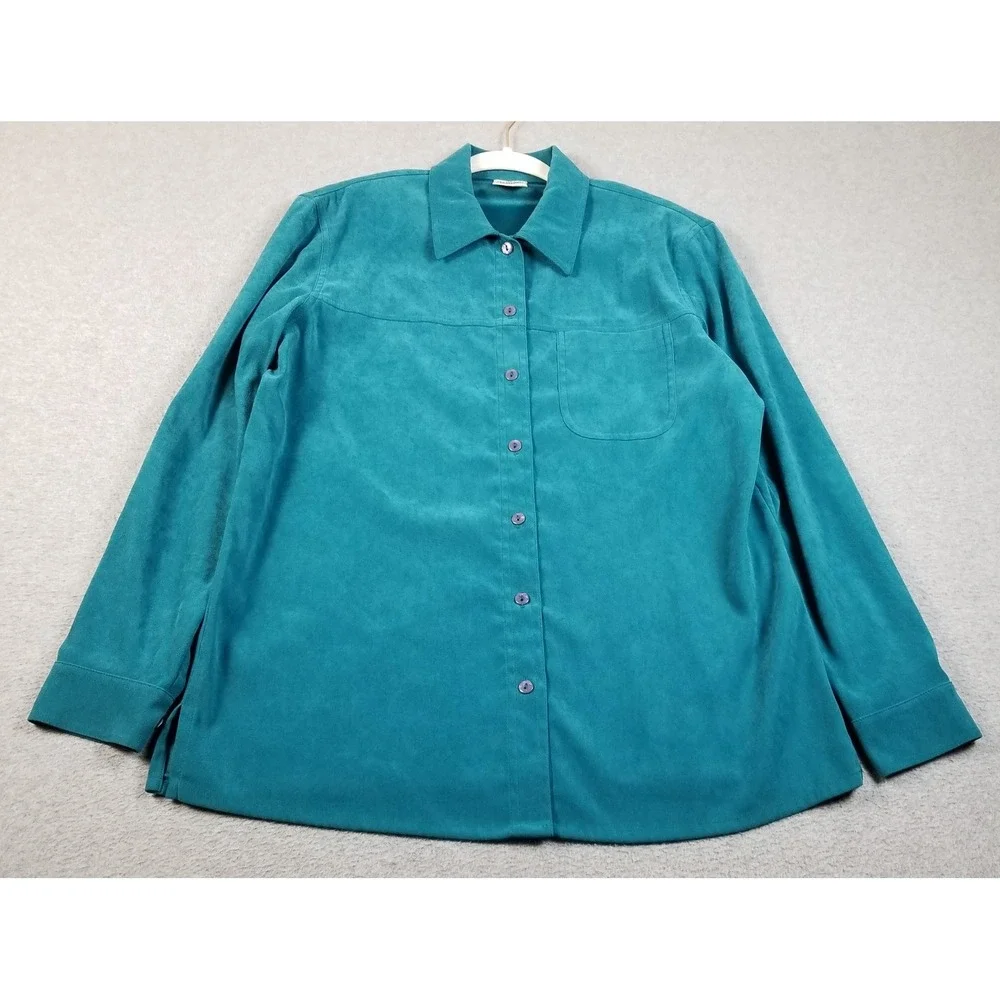 Allison Daley Button Up Shirt Women 12 Green Faux Suede Long Sleeve Collared Top